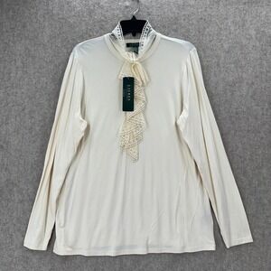 NWT Lauren Ralph Lauren Cream Lace Ruffle Neck Long Sleeve Top Jersey Knit 1X